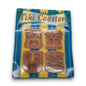 Wood Tiki Coasters Sealed Vintage 90s Polynesian Set of 4